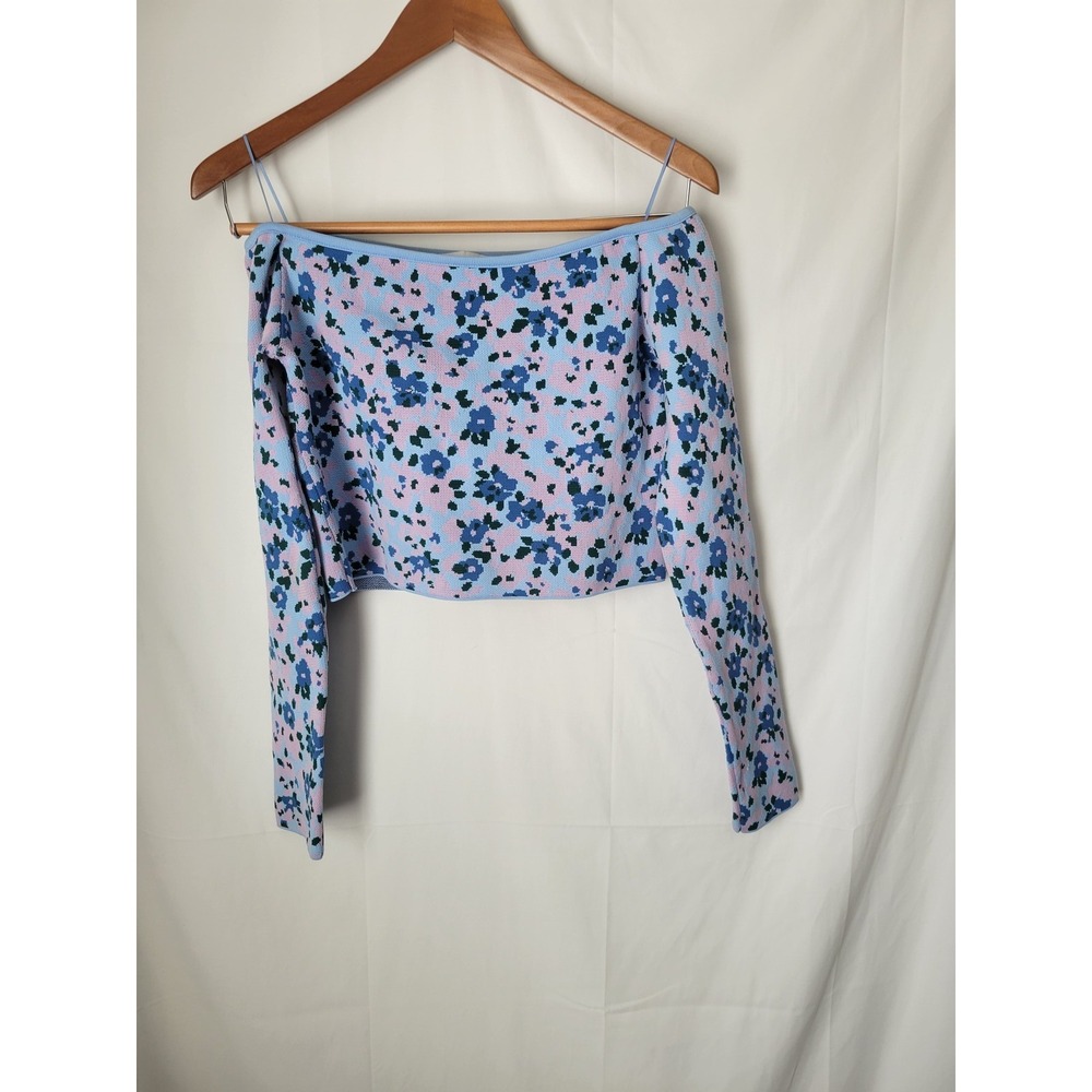 ZARA Women's Blue Floral Knit Off Shoulder Cropped Top Size M Turkey